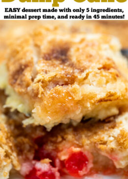 Pinterest pin with a spatula taking a piece of pineapple dump cake out of the baking dish.