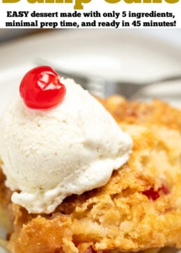Pinterest pin with a piece of pineapple dump cake topped with ice cream and extra cherries.