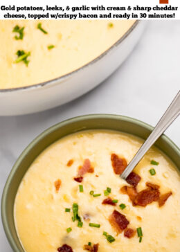 Pinterest pin with a bowl full of potato cheese soup topped with bacon and chives with a spoon in the bowl, in front of a dutch oven full of soup.