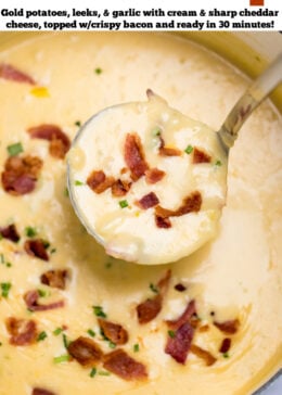 Pinterest pin with a dutch oven full of potato cheese soup topped with bacon and chives, with a ladle scooping up soup.