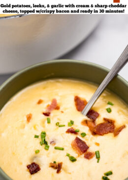 Pinterest pin with a bowl of potato cheese soup topped with chives and bacon with a spoon in the bowl, in front of a dutch oven full of soup.