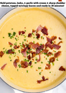 Pinterest pin with a dutch oven full of potato cheese soup topped with bacon and green onions.