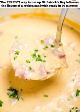 Pinterest pin with a ladle scooping reuben soup topped with chives out of a dutch oven.