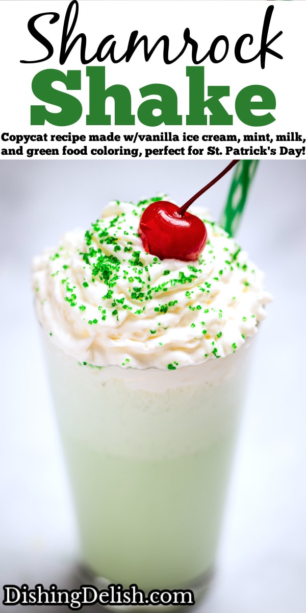 Pinterest pin with a tall glass of shamrock shake topped with whipped cream, sprinkles, and a cherry on top.