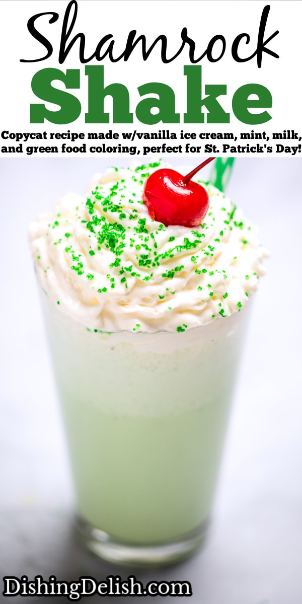 Pinterest pin with a tall glass of shamrock shake topped with whipped cream, sprinkles, and a cherry on top.