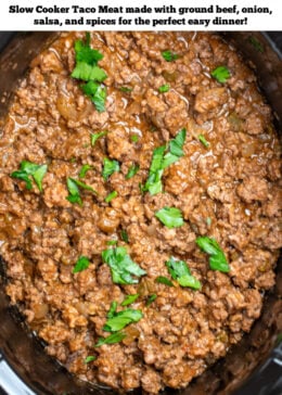 Pinterest pin with a slow cooker full of slow cooker taco meat topped with fresh parsley.