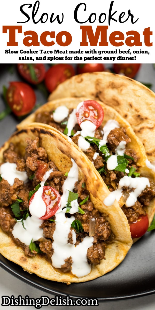 Pinterest pin with three beef tacos on a plate with cherry tomatoes, cilantro, and sour cream drizzled on top.