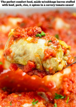 Pinterest pin with a spoon lifting a stuffed cabbage roll out of a baking dish.