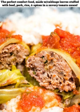 Pinterest pin with stuffed cabbage rolls cut in half on top of rice on a plate, topped with more tomato sauce.