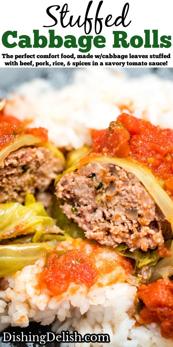 Pinterest pin with stuffed cabbage rolls cut in half on top of rice on a plate, topped with more tomato sauce.