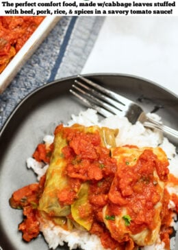 Pinterest pin with stuffed cabbage rolls on top of rice on a plate, topped with more tomato sauce.