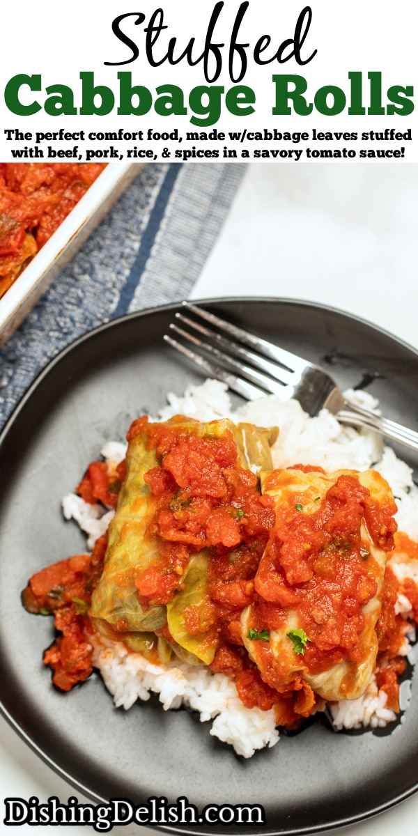 Pinterest pin with stuffed cabbage rolls on top of rice on a plate, topped with more tomato sauce.