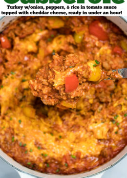 Pinterest pin with stuffed pepper casserole in a dutch oven with a spoon scooping some casserole up.