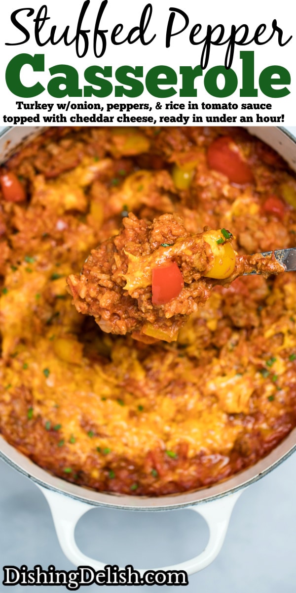 Pinterest pin with stuffed pepper casserole in a dutch oven with a spoon scooping some casserole up.