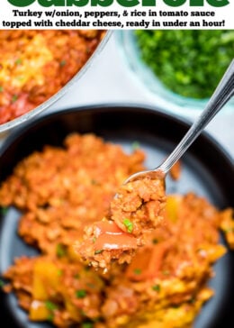 Pinterest pin with stuffed pepper casserole on a plate with a fork holding some casserole.