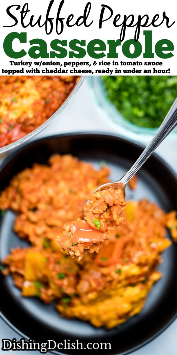 Pinterest pin with stuffed pepper casserole on a plate with a fork holding some casserole.