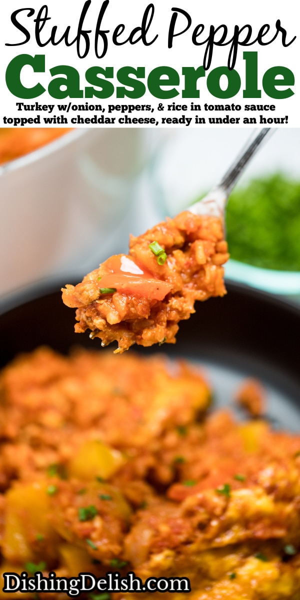 Pinterest pin with stuffed pepper casserole on a plate with a fork holding some casserole, in front of a dutch oven and a small bowl of chopped chives.