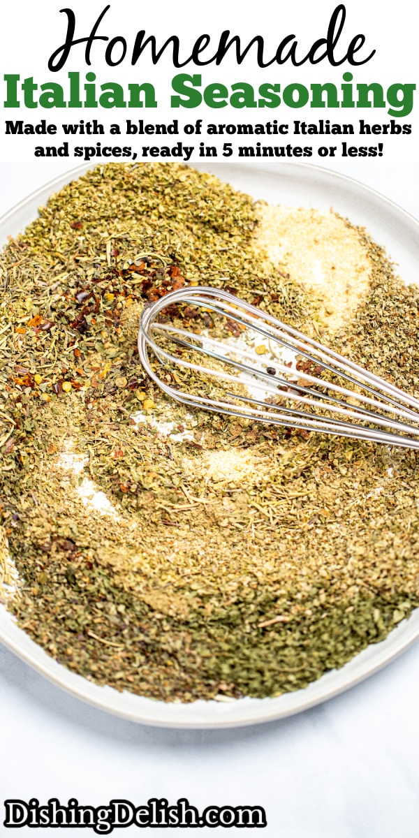 Pinterest pin with a whisk mixing together herbs and spices on a plate on a table.