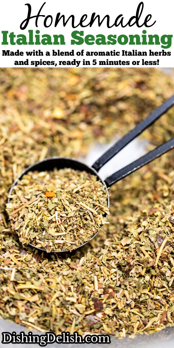 Pinterest pin with a measuring spoon scooping Italian Seasoning from a bowl of herbs and spices.