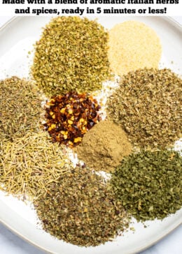Pinterest pin with individual ingredients for Italian seasoning on a plate on a table.