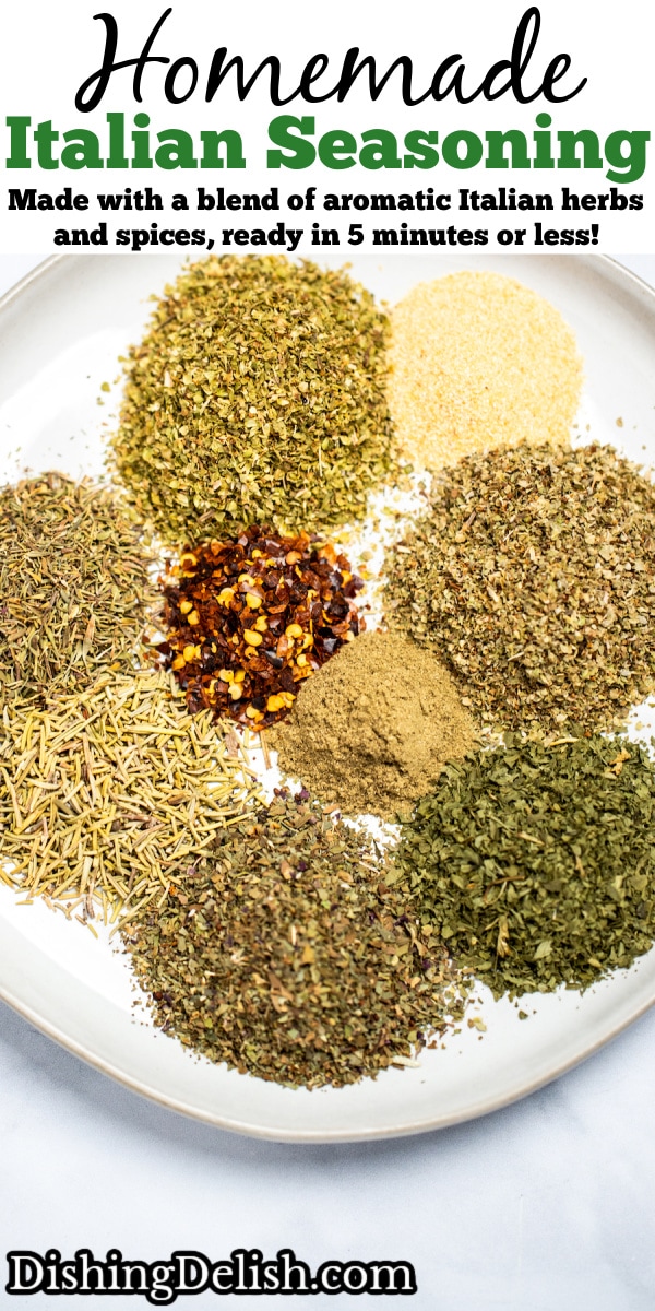 Pinterest pin with individual ingredients for Italian seasoning on a plate on a table.