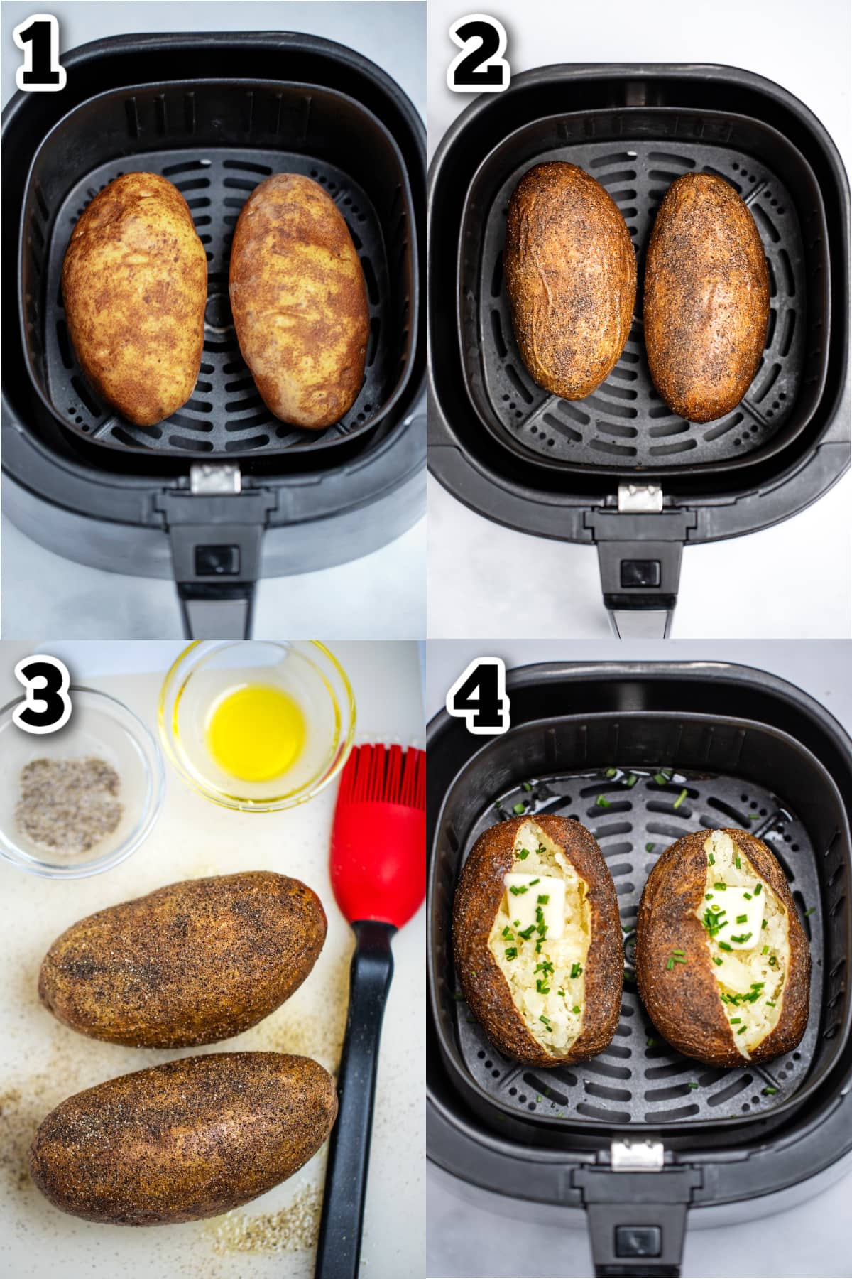 Step by step photos for how to make air fryer baked potatoes.