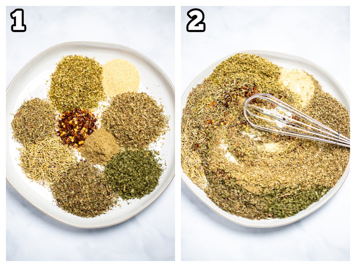 Step by step photos for how to make homemade Italian seasoning.