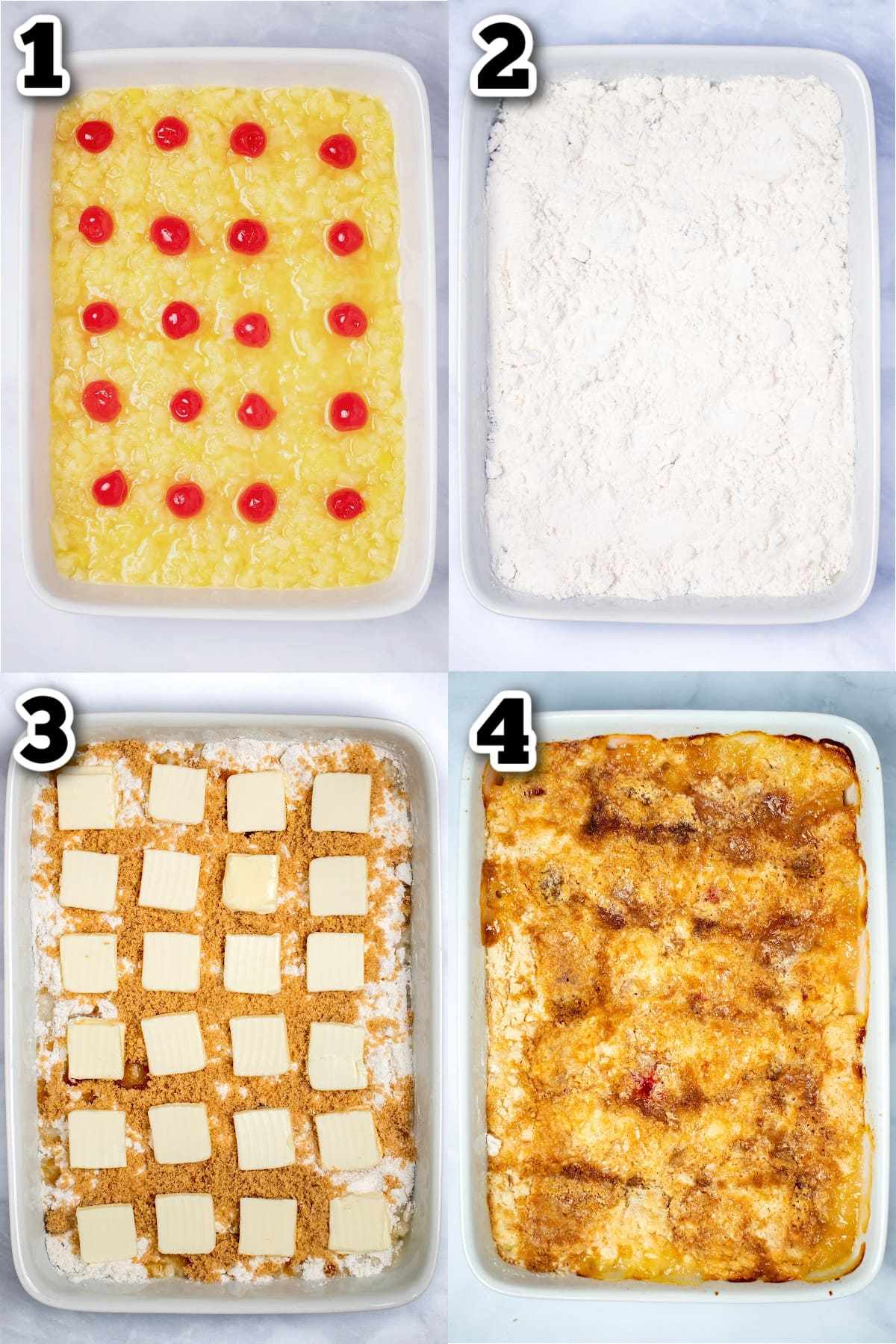 Step by step photos for how to make pineapple dump cake.