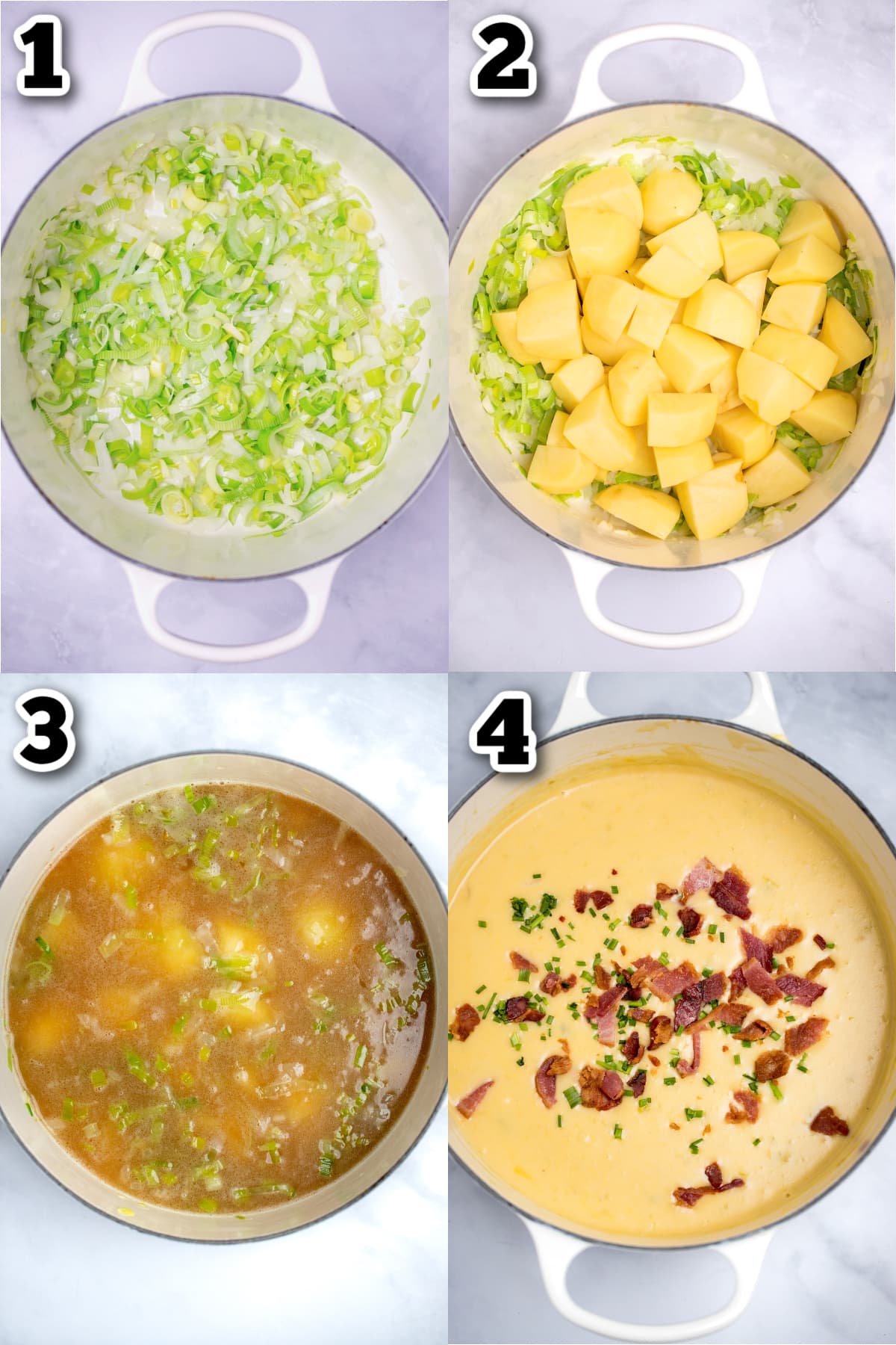 Step by step photos for how to make potato cheese soup.