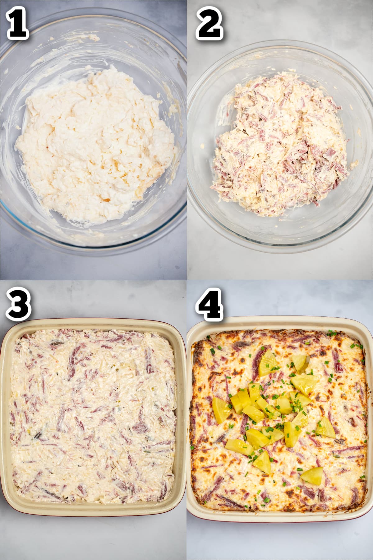 Step by step photos for how to make hot reuben dip.
