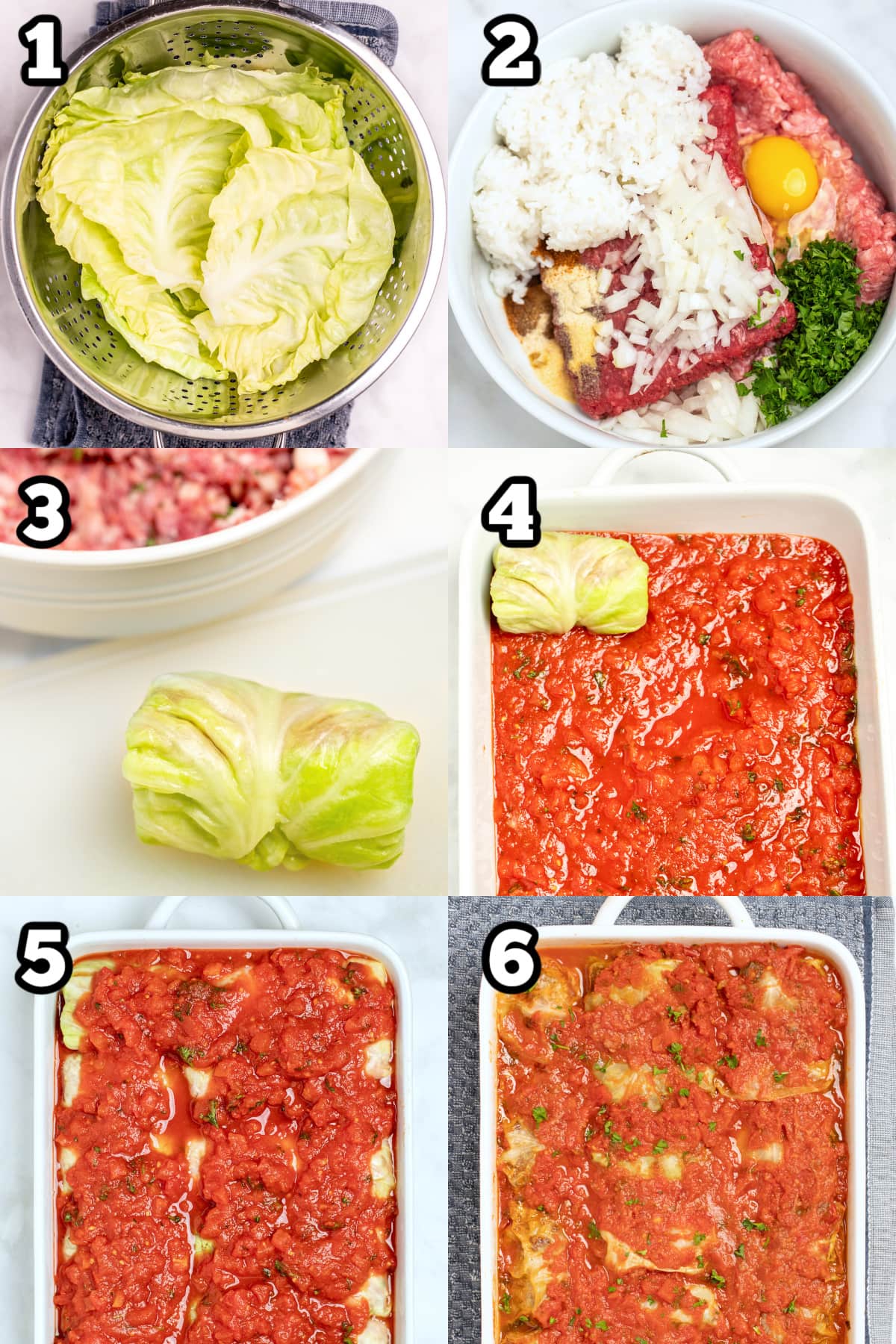 Step by step photos for how to make stuffed cabbage rolls.