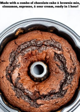 Pinterest pin with a bundt pan full of cooked chocolate brownie cake on a table.