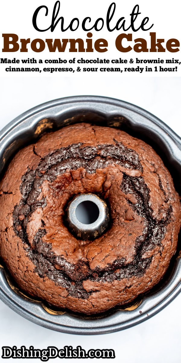 Pinterest pin with a bundt pan full of cooked chocolate brownie cake on a table.