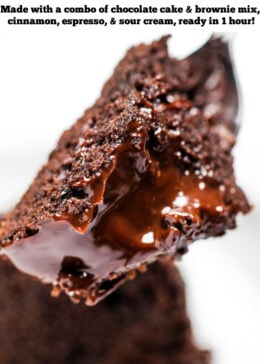 Pinterest pin with a closeup of a fork full of chocolate brownie cake with a creamy chocolate ganache on top, with a piece of cake in the background.