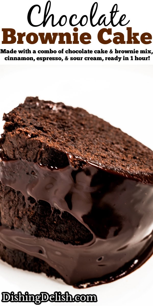 Pinterest pin with a slice of brownie cake on a plate on the table, topped with a creamy chocolate ganache.