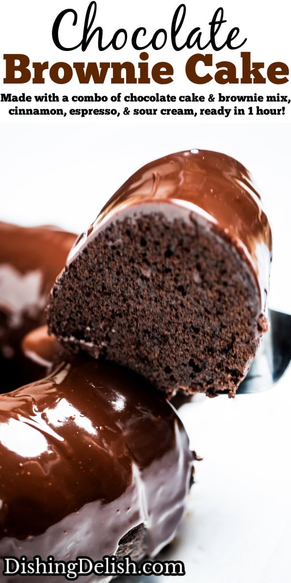 Pinterest pin with a chocolate brownie bundt cake with a piece of cake being lifted away.