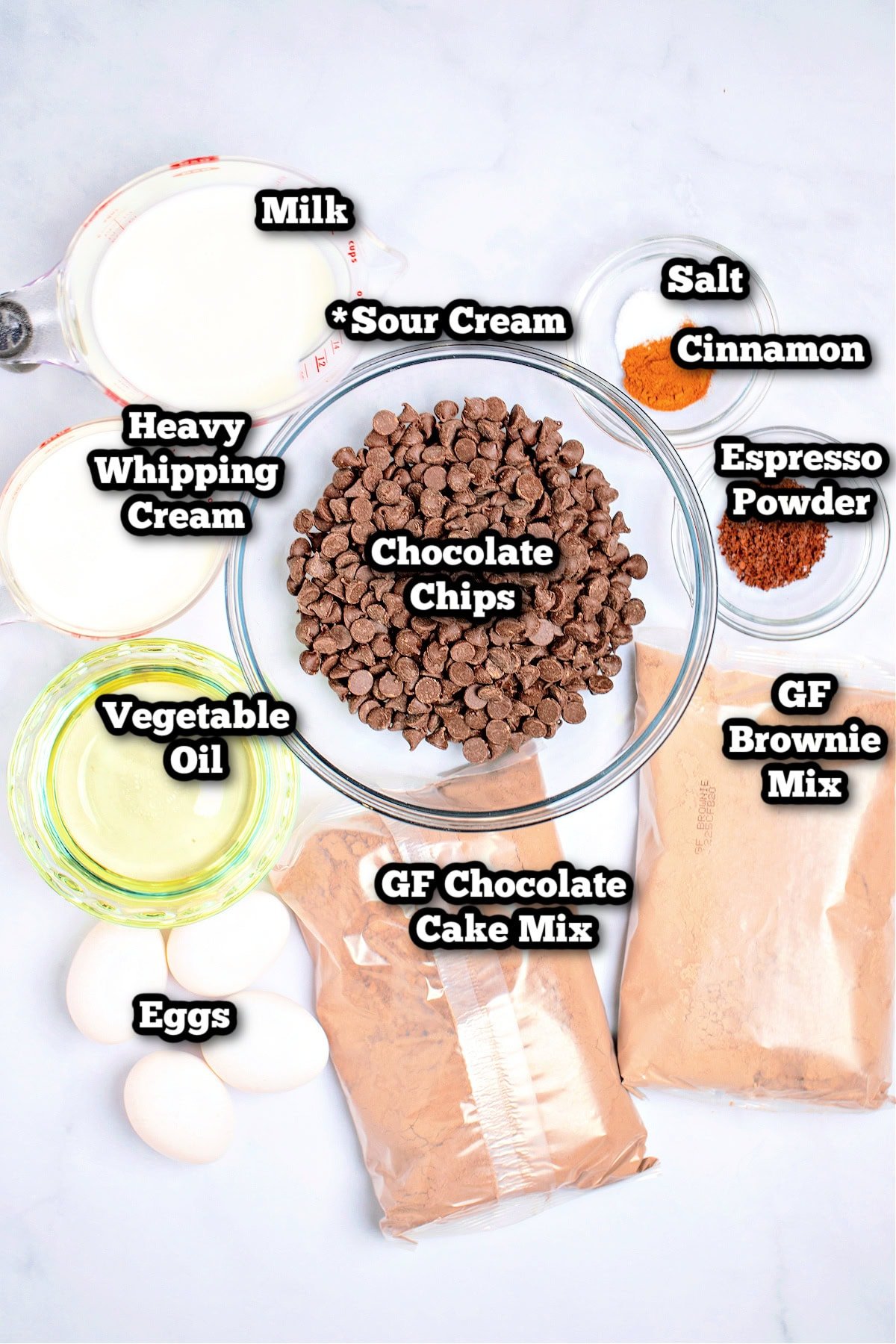 Individual ingredients for brownie cake on a table.