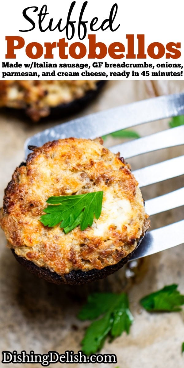 Pinterest pin with a sheet pan of stuffed portobello mushrooms with a spatula lifting up a mushroom topped with fresh chopped parsley.