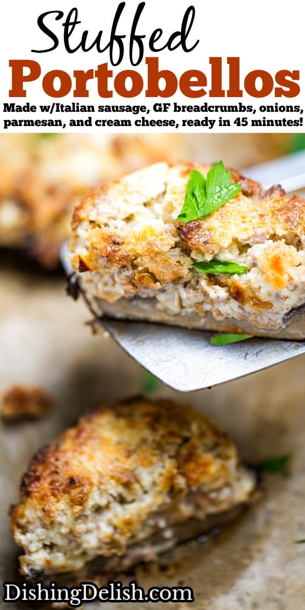 Pinterest pin with a sheet pan of stuffed portobello mushrooms with a spatula lifting up half a mushroom topped with fresh chopped parsley.