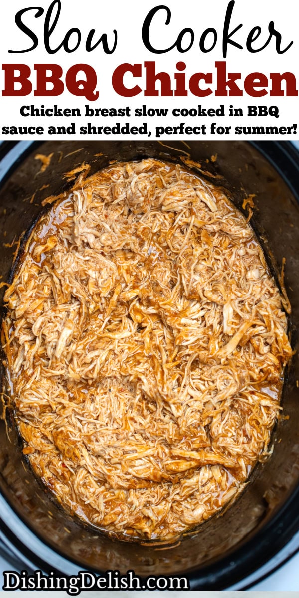 Pinterest pin with a slow cooker with saucy shredded BBQ chicken ready to be served.