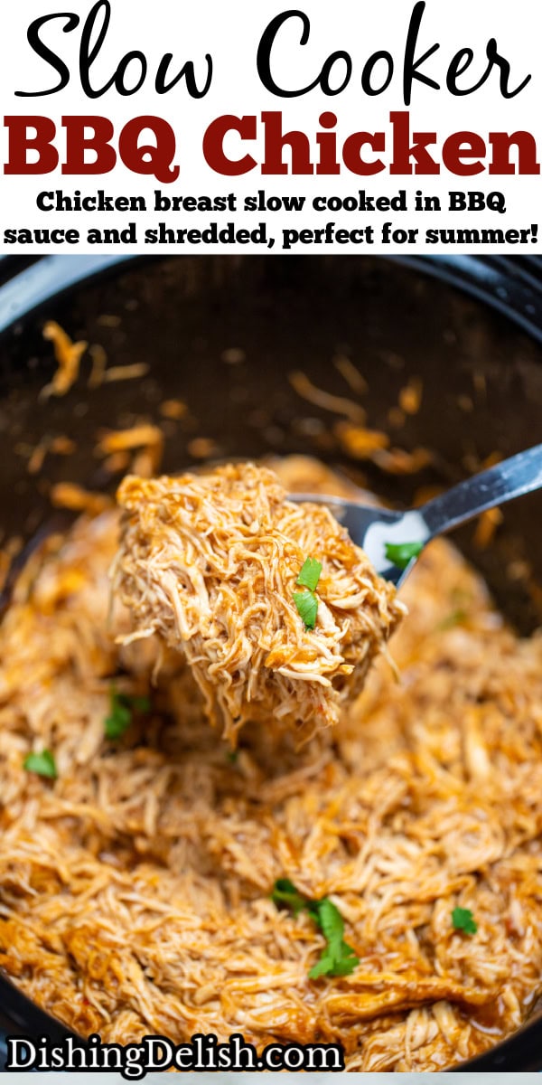 Pinterest pin with a slow cooker with saucy shredded BBQ chicken and a spoon lifting up the chicken.