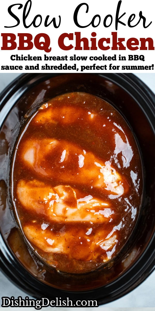 Pinterest pin with a slow cooker with chicken breasts side by side topped with BBQ chicken.