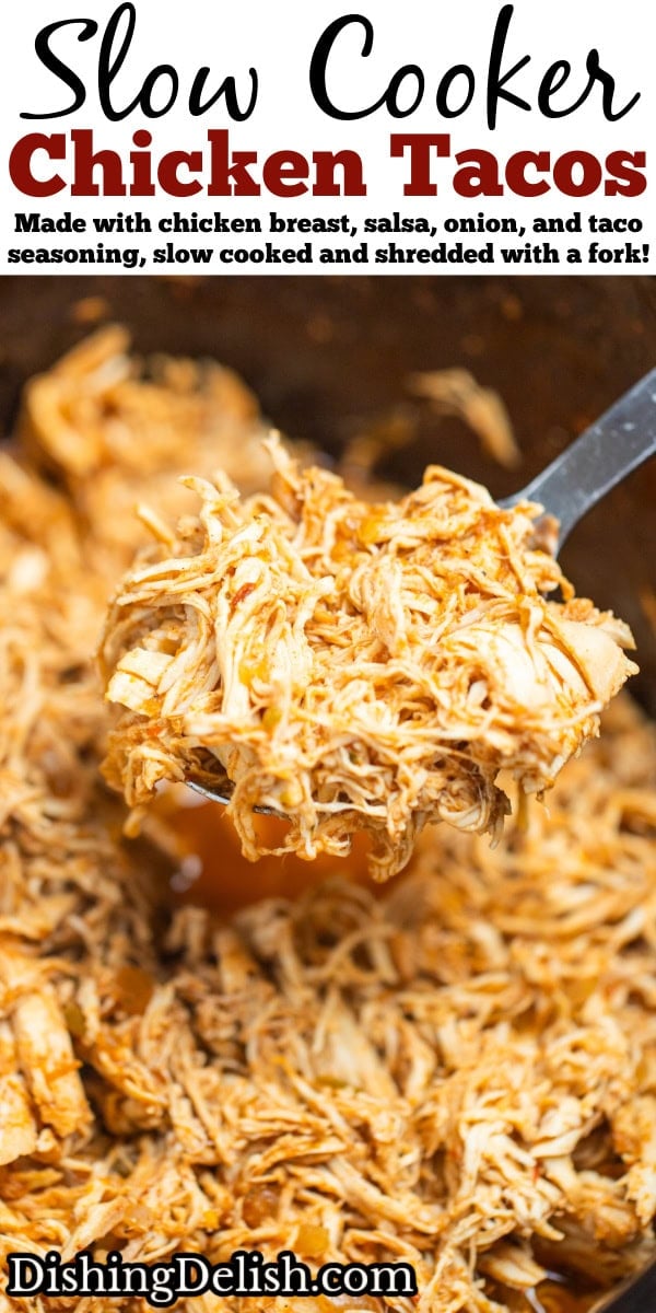 Pinterest pin with a slow cooker full of shredded chicken taco meat in taco sauce, with a spoon scooping some meat out.