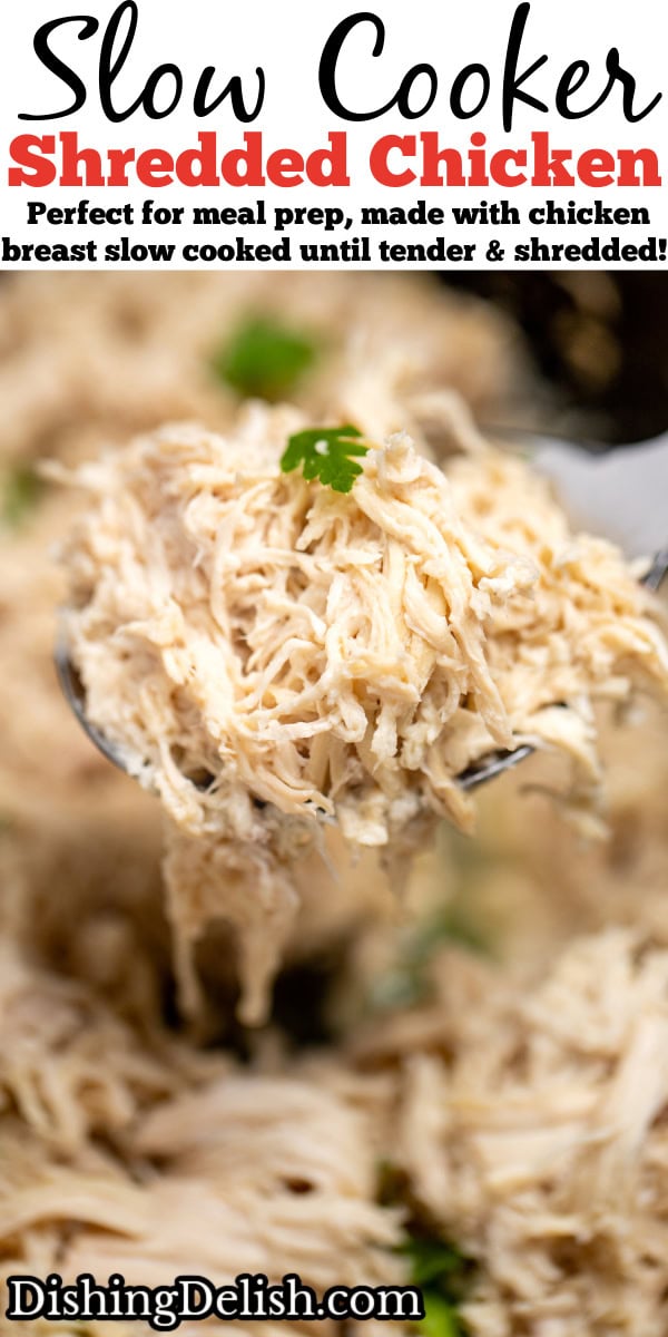 Pinterest pin with a slow cooker full of shredded chicken topped with pieces of fresh parsley, with a spoon lifting some up.
