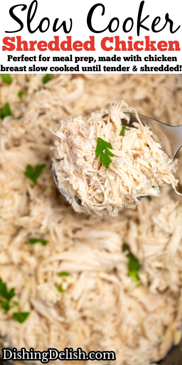 Pinterest pin with a slow cooker full of shredded chicken topped with pieces of fresh parsley, with a spoon lifting some up.