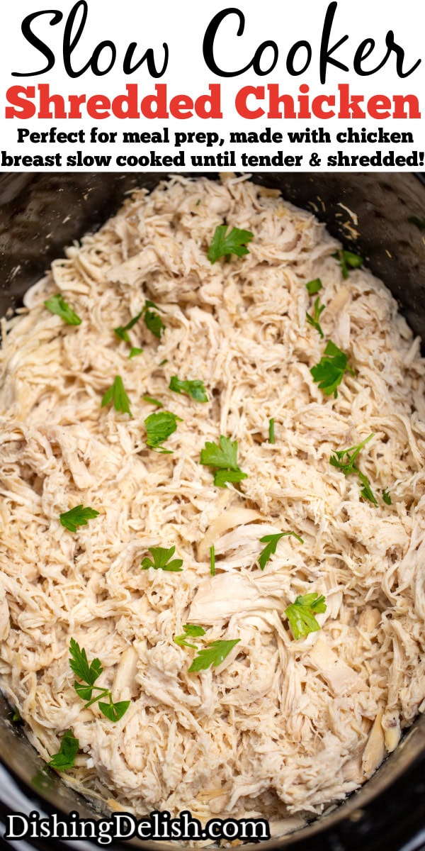 Pinterest pin with a slow cooker full of shredded chicken topped with pieces of fresh parsley.