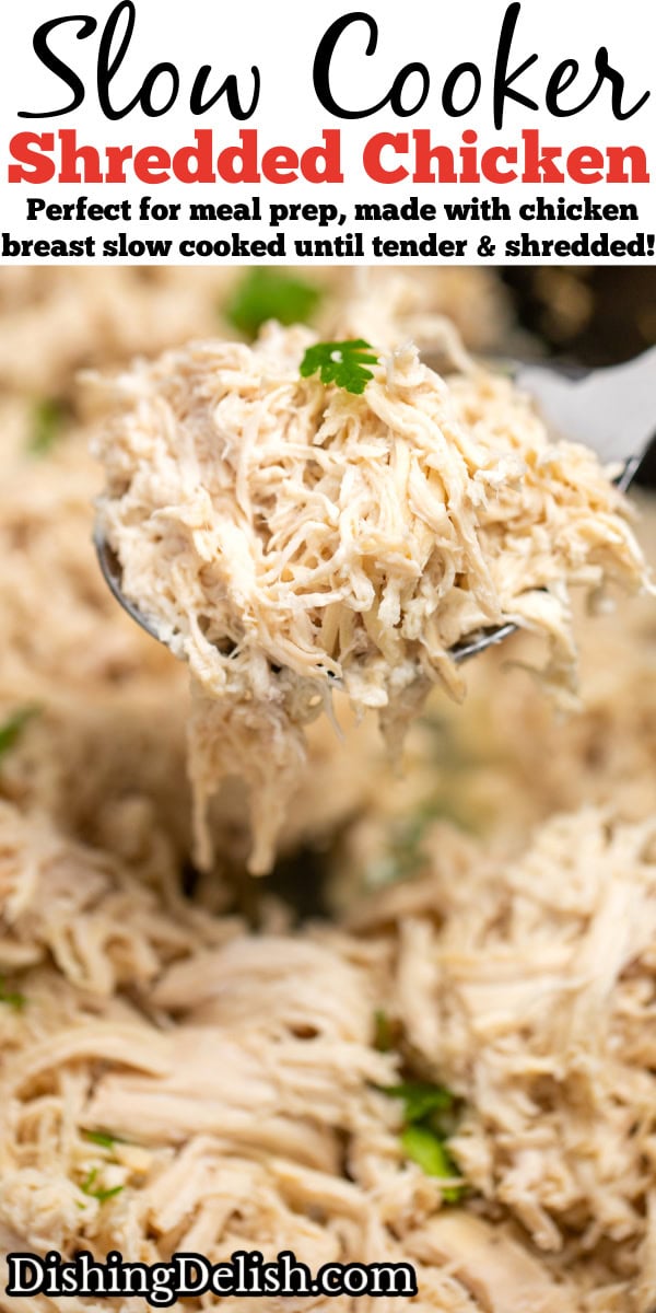 Pinterest pin with a slow cooker full of shredded chicken topped with pieces of fresh parsley, with a spoon lifting some up.