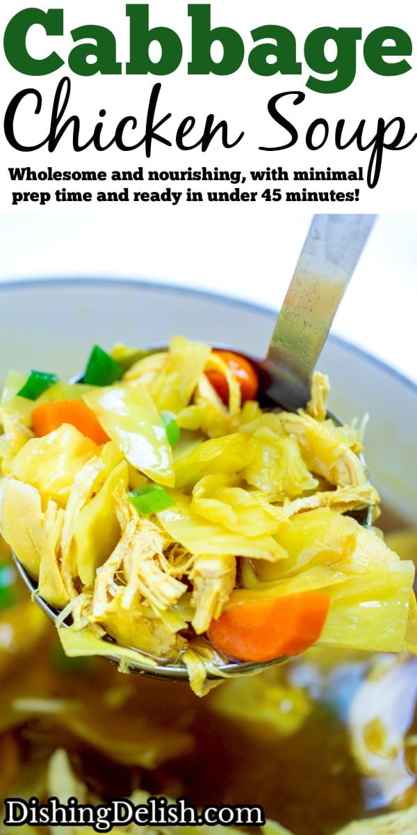 Pinterest pin with a dutch oven full of cabbage chicken soup topped with green onions, and a ladle scooping up the soup.