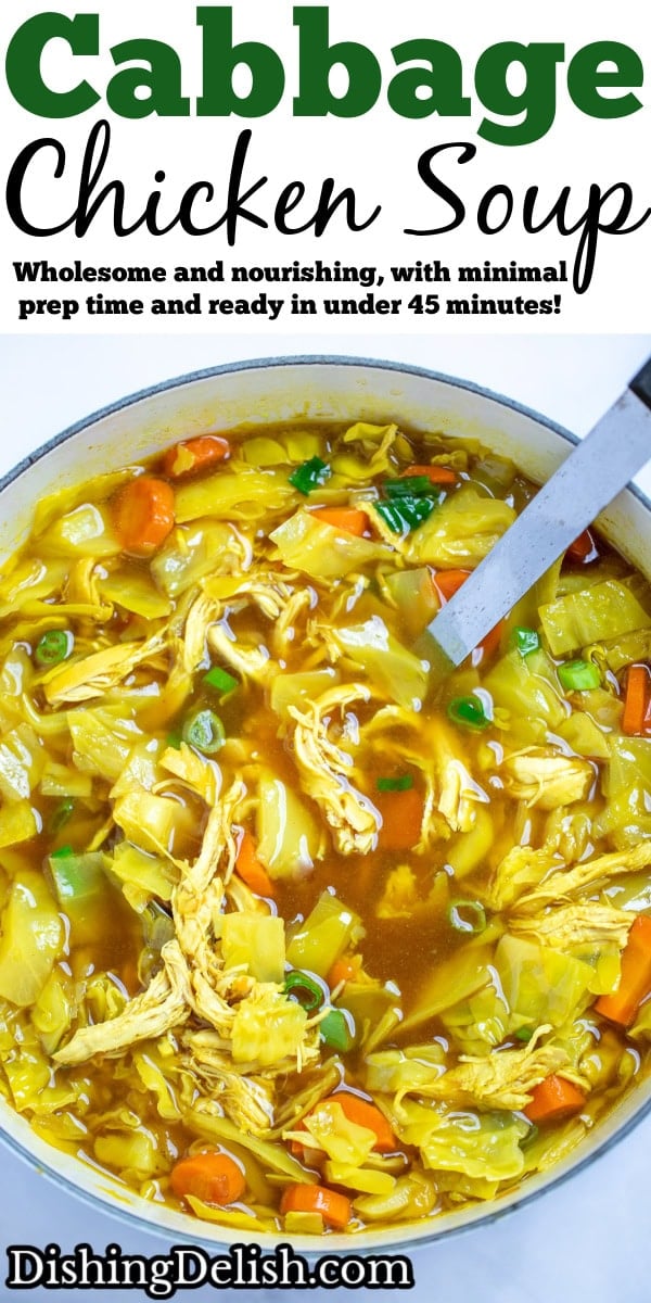 Pinterest pin with a dutch oven full of cabbage chicken soup topped with green onions, and a ladle in the soup.