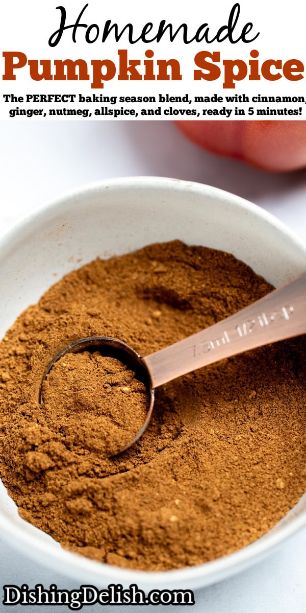 Pinterest pin with a tablespoon lifting pumpkin pie spice from a small bowl.